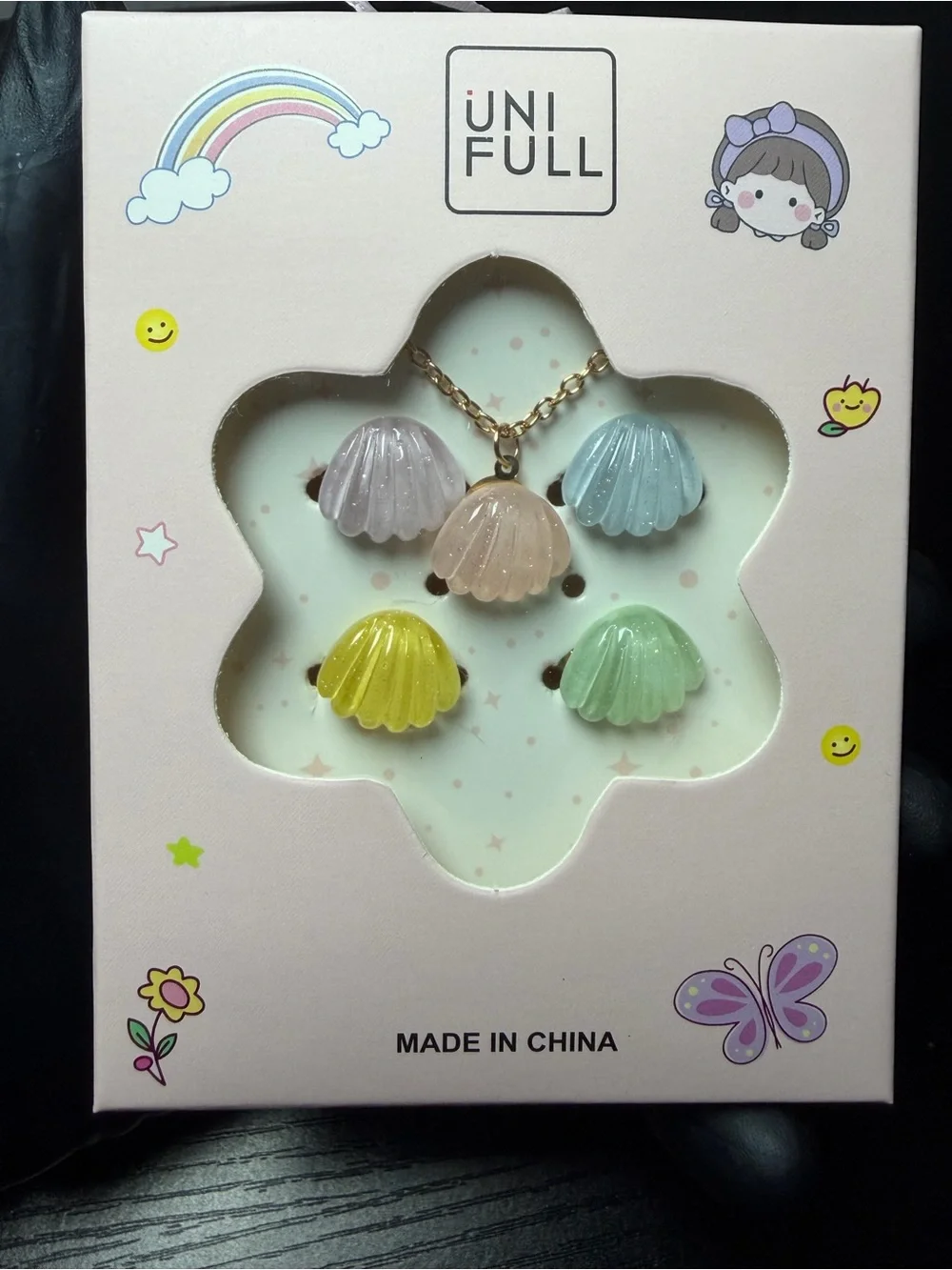 5pc Cute Kids Pastel Shell Necklace And Rings Set - Multicolor